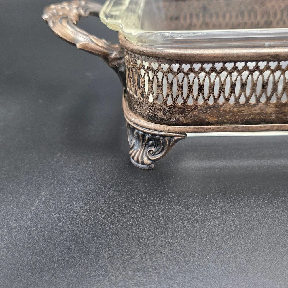 Anchor Hocking Fire King Glass‎ Baking Dish with Ornate Silver Plate Holder 1 Qt